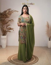 Half sleeve party wear designer sharara suit-olive green
