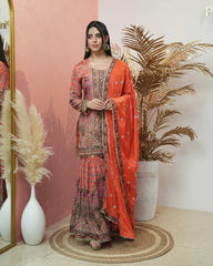 Double shaded heavy worked sharara suit - orange and pink