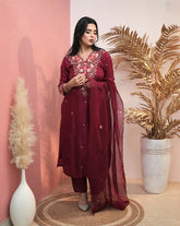 Dola silk embroidered salwar suit- wine maroon