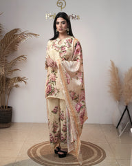 Crepe Silk Short Salwar Suit with Palazzo – Cream