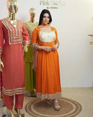 Crepe silk anarkali with contrast yoke - fanta shade