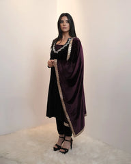 Premium velvet panel cut anarkali with contrast dupatta- black