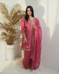 A line short length mirror salwar suit pink