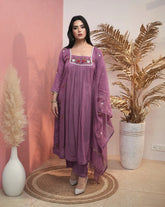 Square neck kota embroidered semi anarkali suit- lilac