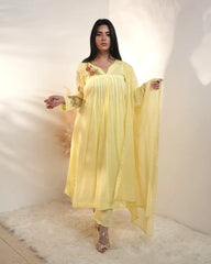Embroidered 3Pc semi anarkali- pastel yellow