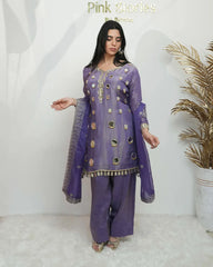 A line short length mirror salwar suit purple