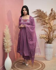 Square neck kota embroidered semi anarkali suit- lilac