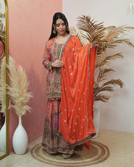 Double shaded heavy worked sharara suit - orange and pink