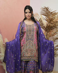 Double shaded heavy worked sharara suit- purple and pink