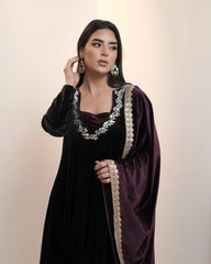 Premium velvet panel cut anarkali with contrast dupatta- black