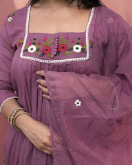 Square neck kota embroidered semi anarkali suit- lilac