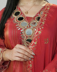 Crepe silk stripe design big mirror worked salwar suit-red