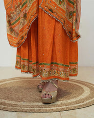 Crepe silk orange mirror work Sharara suit