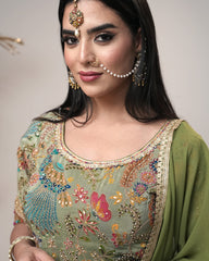 Half sleeve party wear designer sharara suit-olive green