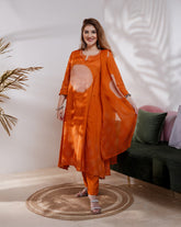 Bandei printed muslin silk A-line suit - orange color