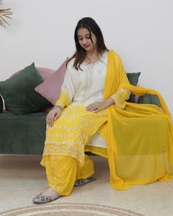 Ombre shaded chinon party wear salwar suit- white and yellow