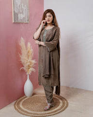 Handworked crepe silk salwar suit-taupe gray