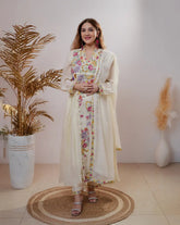 Embroidered pleated Anarkali with center panel- cream color