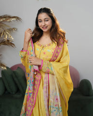 crepe silk pleated anarkali yellow shade