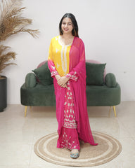Ombre shaded chinon party wear salwar suit- pink and yellow