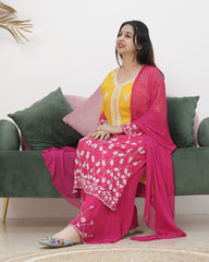 Ombre shaded chinon party wear salwar suit- pink and yellow