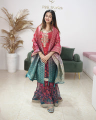 Ombre shaded soft organza sharara suit- red and green