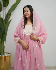 Mul chanderi embroidered anarkali pink color