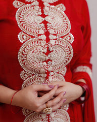 Up and down heavy work dola silk salwar suit-red