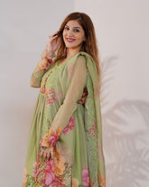 Floral printed pleated chiffon anarkali - pale green