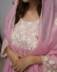 Mul chanderi embroidered anarkali pink color