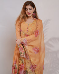 Floral printed pleated chiffon anarkali - mustard yellow