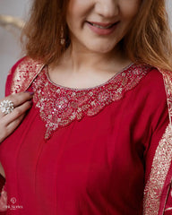 Rani pink cotton silk panel cut Anarkali