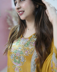 Crepe silk up and down panel cut anarkali mustard yellow