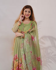 Floral printed pleated chiffon anarkali - pale green