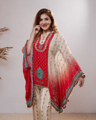 Ombre shaded crepe silk 2pc indo-western kaftan-red & cream