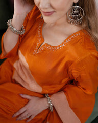 Bandei printed muslin silk A-line suit - orange color