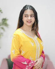 Ombre shaded chinon party wear salwar suit- pink and yellow