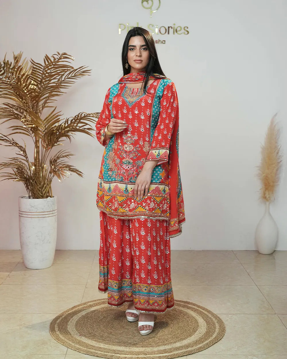 Multi colored sharara suit with floral prints and mirrors