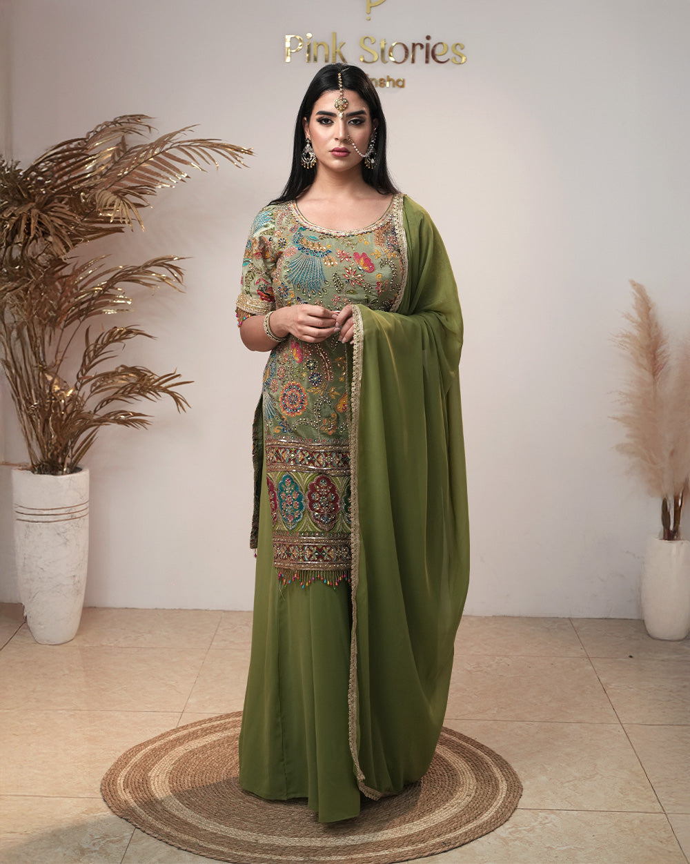Half sleeve party wear designer sharara suit-olive green
