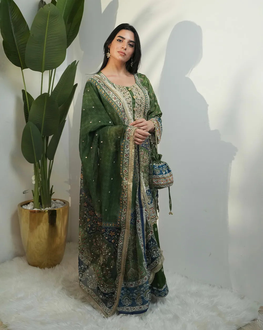 Heavy mirror work sharara suit - green