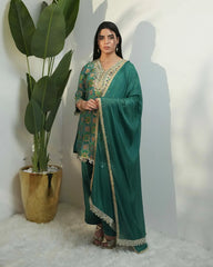 Peacock shade brocade mirror worked salwar suit