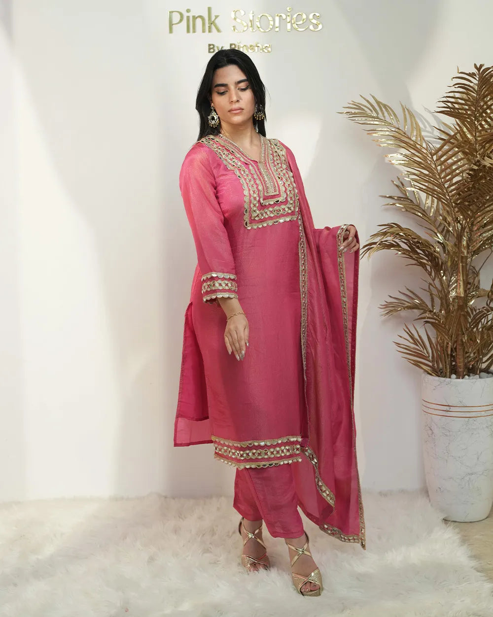 Heavy shimmer tissue mirror salwar suit pink