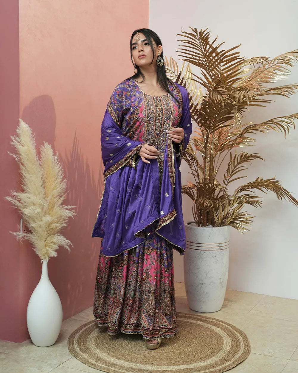 Double shaded heavy worked sharara suit- purple and pink