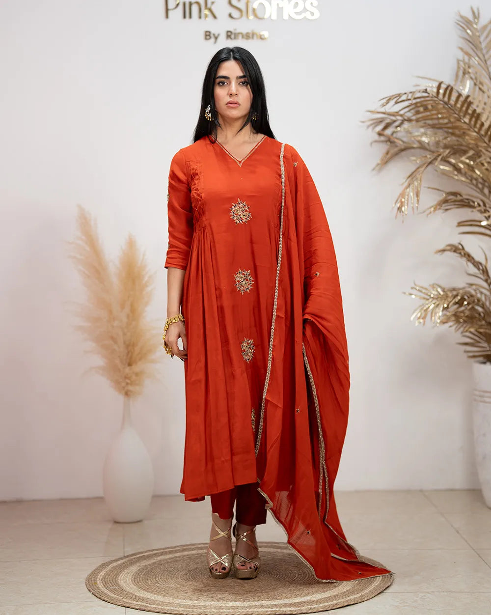 Side Gathered Paneled Anarkali – Brick Red