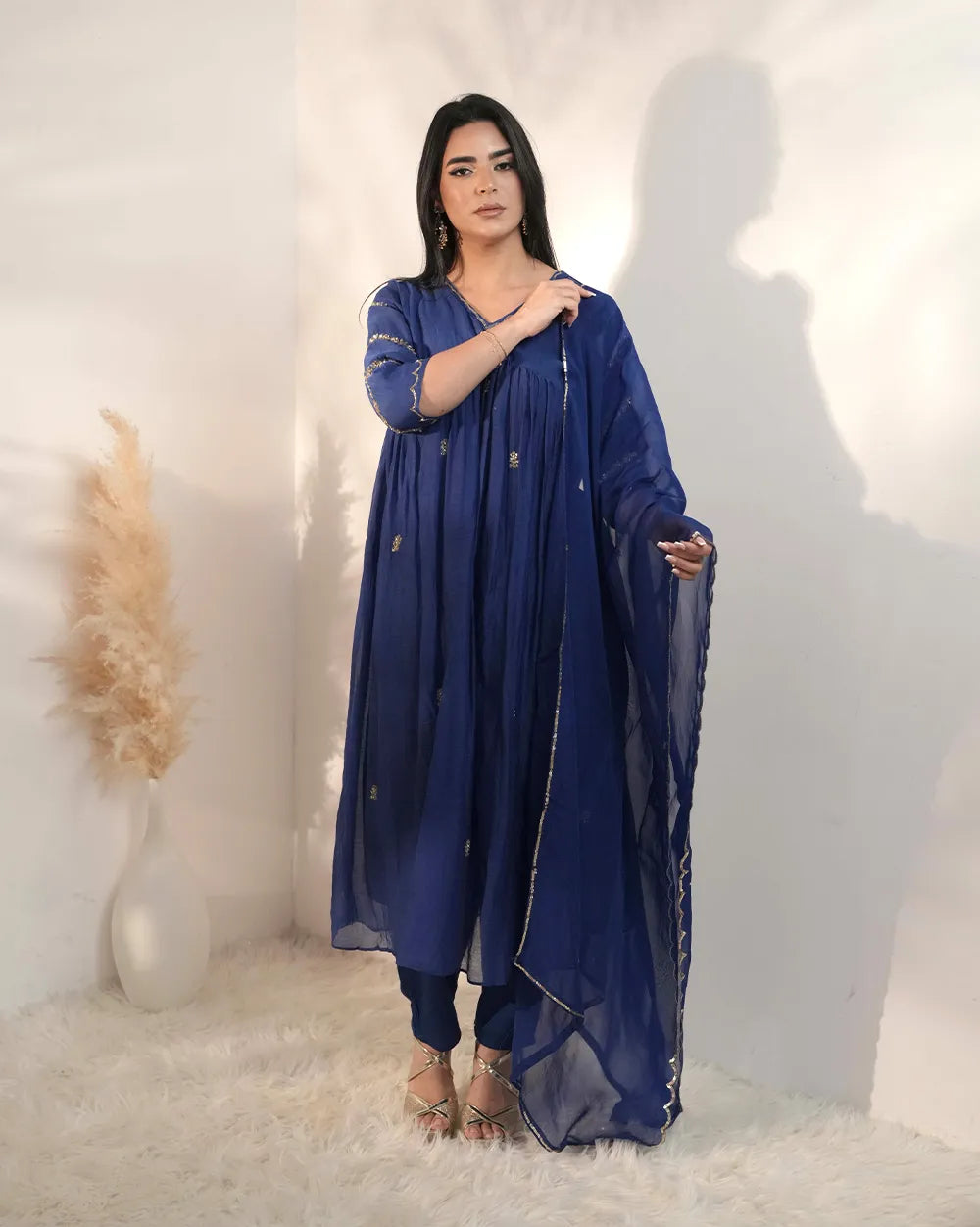 Mul chanderi alia cut anarkali- blue