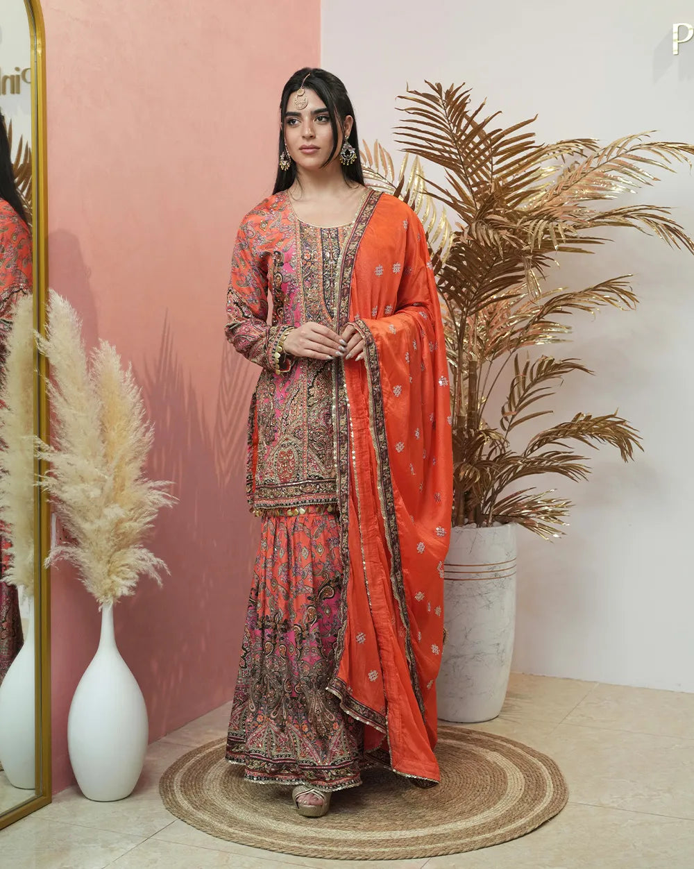Double shaded heavy worked sharara suit - orange and pink