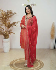 Crepe silk stripe design big mirror worked salwar suit-red
