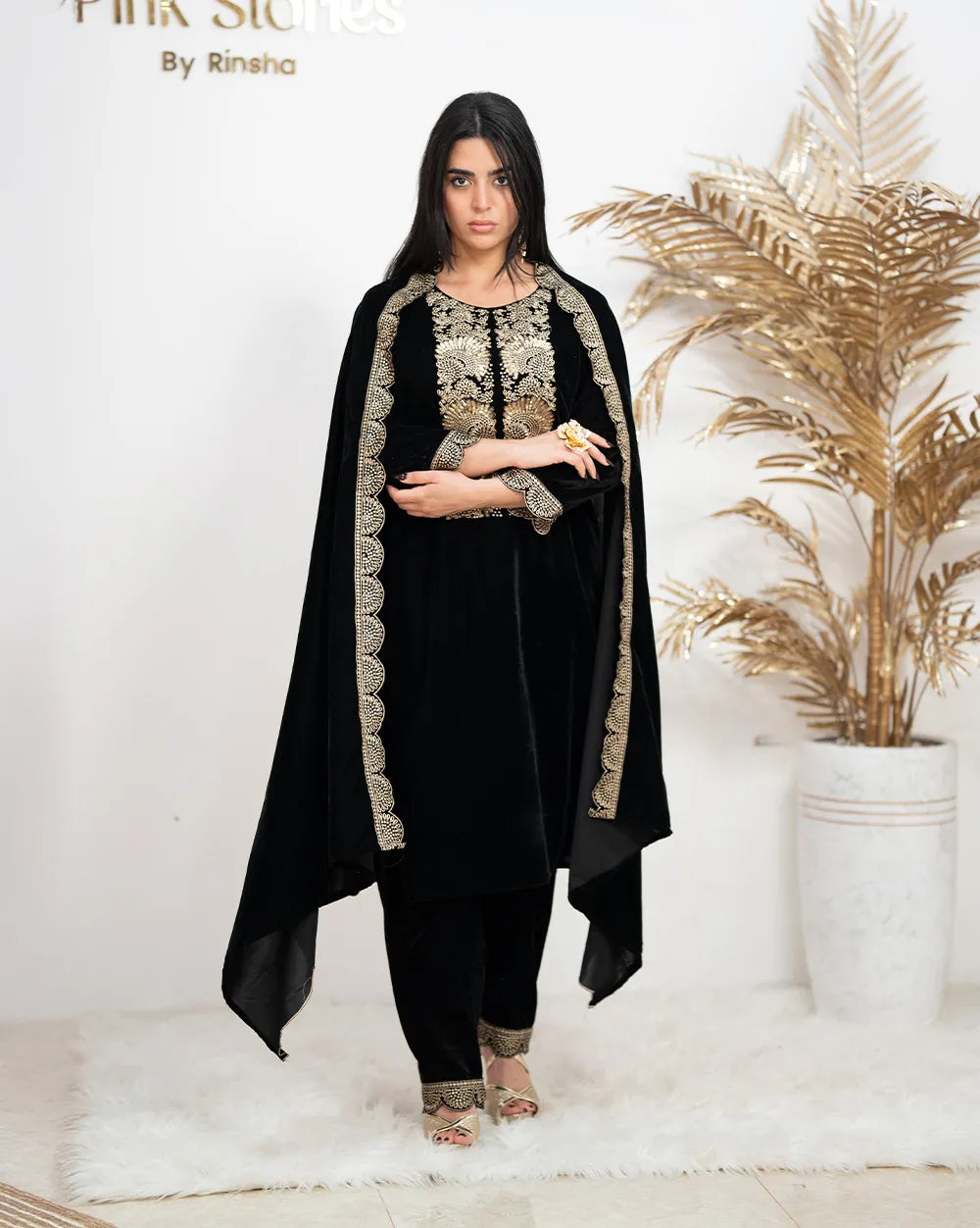 Embroidered Velvet Salwar Suit – Black