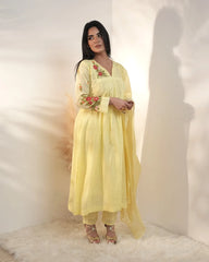 Embroidered 3Pc semi anarkali- pastel yellow