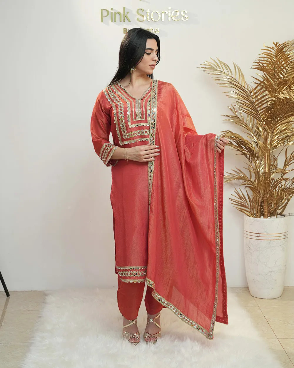 Heavy shimmer tissue mirror salwar suit orange